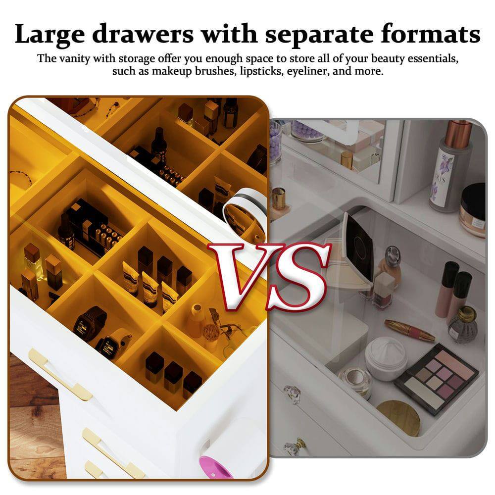 Large drawers with separate formats

The vanity with storage offer you enough space to store all of your beauty essentials, such as makeup brushes, lipsticks, eyeliner, and more.