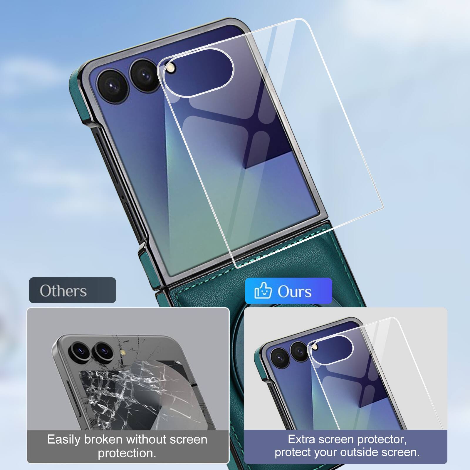 Others: Easily broken without screen protection.

Ours: Extra screen protector, protect your outside screen.