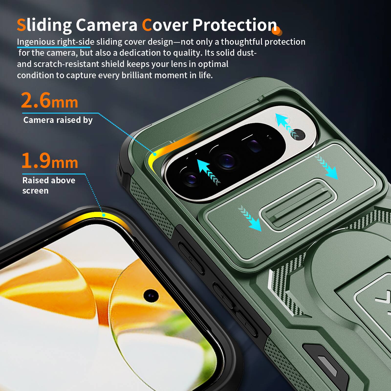 Sliding Camera Cover Protection

Ingenious right-side sliding cover design—not only a thoughtful protection for the camera, but also a dedication to quality. Its solid dust- and scratch-resistant shield keeps your lens in optimal condition to capture every brilliant moment in life.

2.6mm Camera raised by 1.9mm Raised above screen