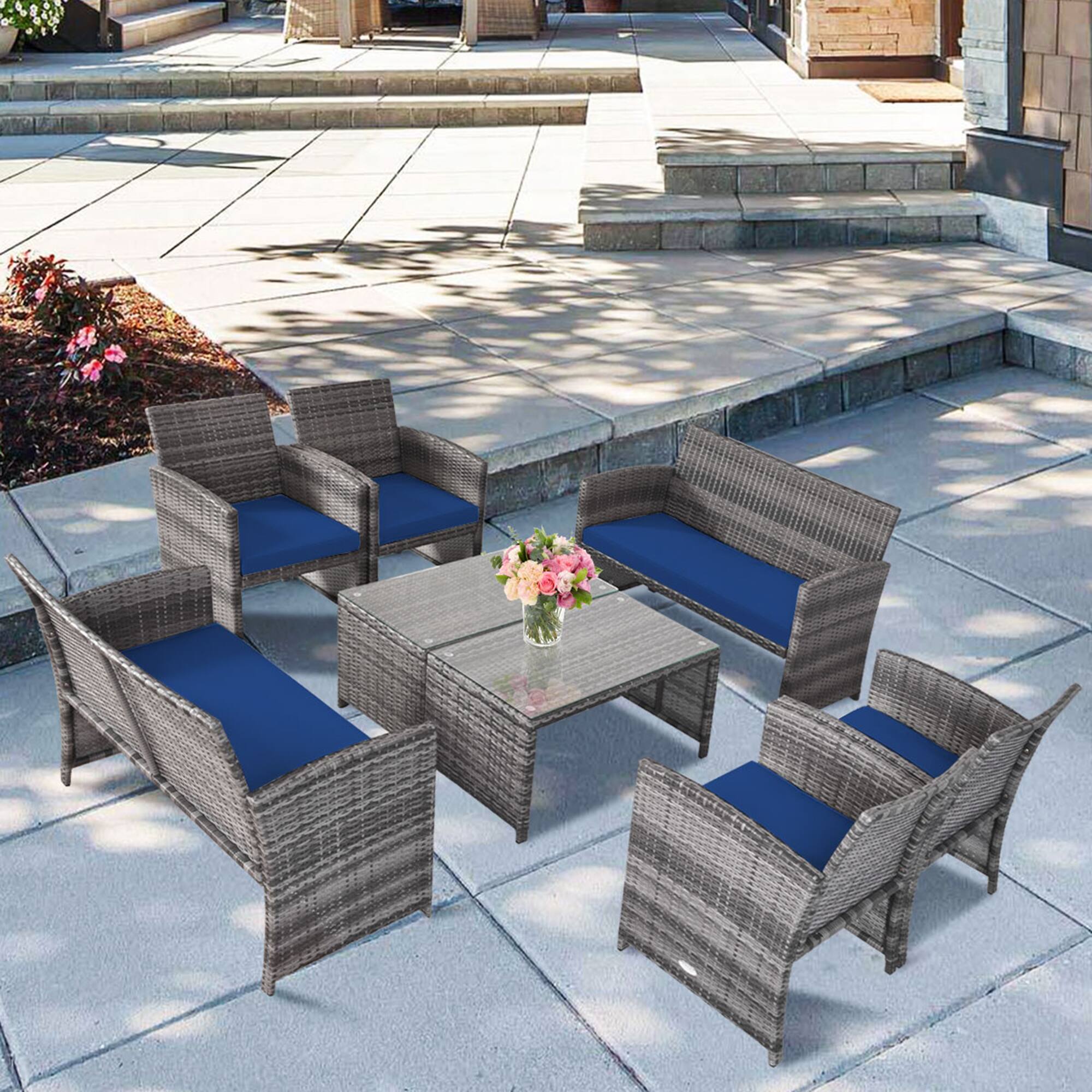 Gymax - 8PCS Patio Outdoor Rattan Conversation Furniture Set w/ Cushion - Navy price history on PriceWatchPro