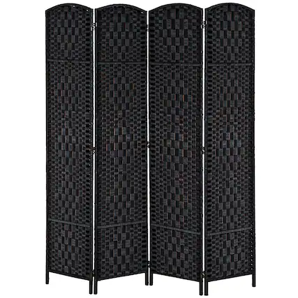 Front. Homcom - 4 Panel Folding Wicker Weave Room Divider, Portable Privacy Screen for Bedroom Home Office - Black.