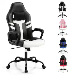 Costway - Faux Leather Upholstered Office Chair with Removable Head Pillow, Padded Armrests - White + Black