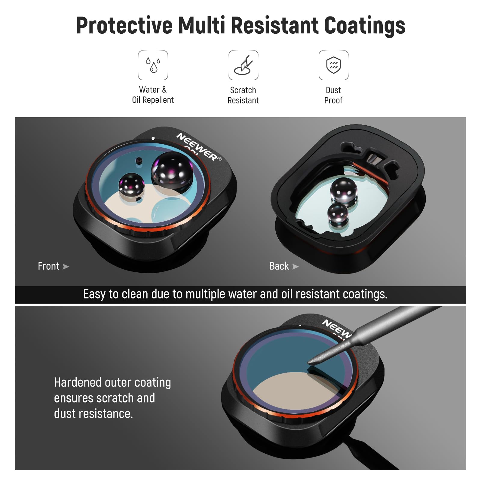 Protective Multi Resistant Coatings

- Water & Oil Repellent
- Scratch Resistant
- Dust Proof

Easy to clean due to multiple water and oil resistant coatings.

Hardened outer coating ensures scratch and dust resistance.