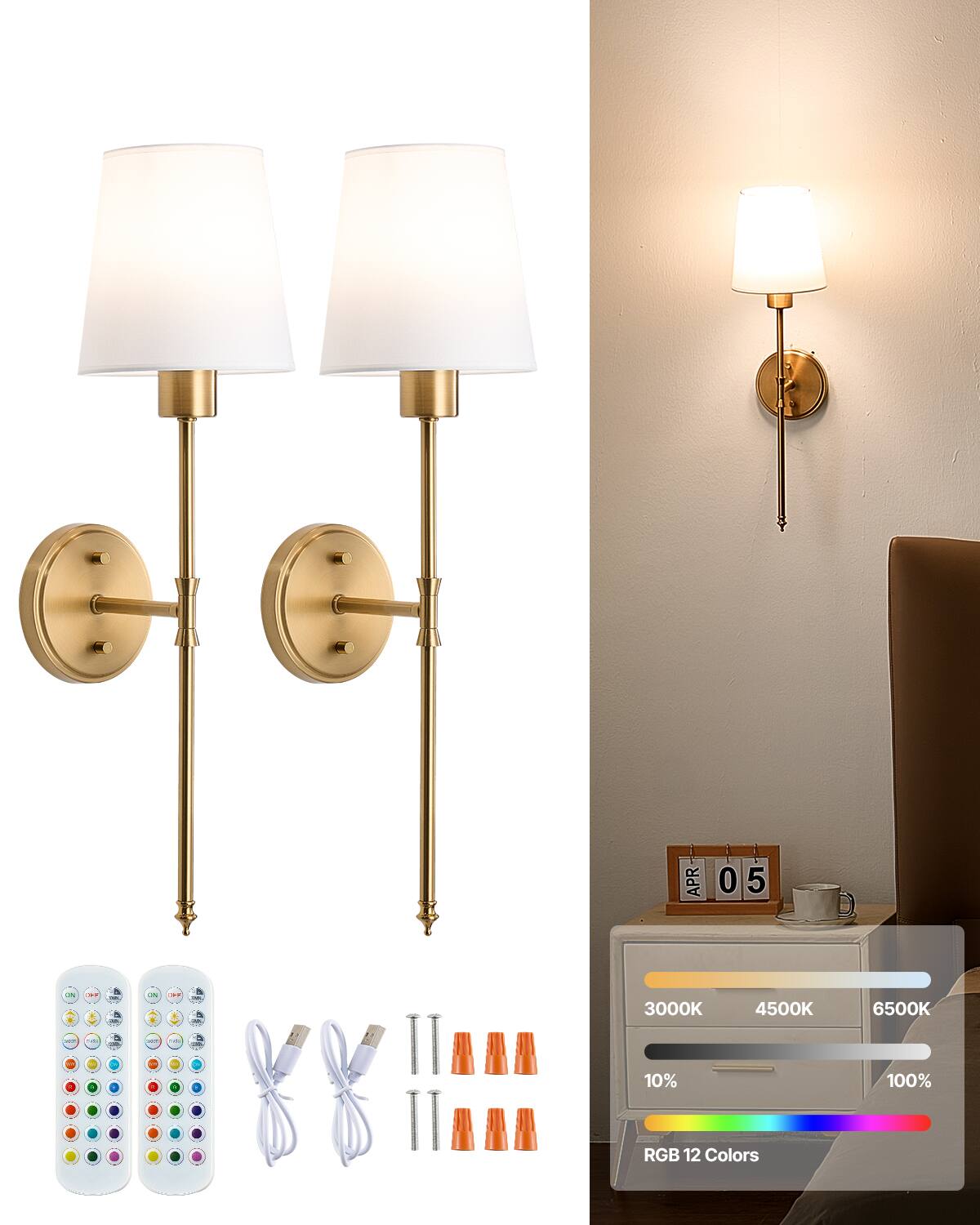 VEVOR - Battery Operated Wall Sconce Set of 2, 4000mAh Rechargeable Wireless Wall Lights with Remote Control, 30 Lighting Modes - White