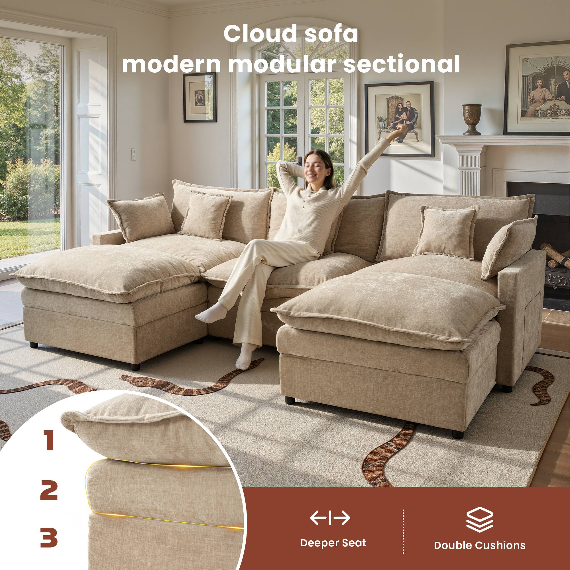 Cloud sofa modern modular sectional

1. Deeper Seat
2. Double Cushions