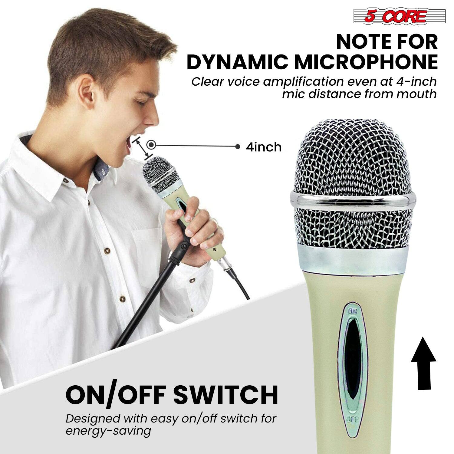 5 CORE NOTE FOR DYNAMIC MICROPHONE

- Clear voice amplification even at 4-inch mic distance from mouth
- 4-inch ON/OFF SWITCH
- Designed with easy on/off switch for energy-saving