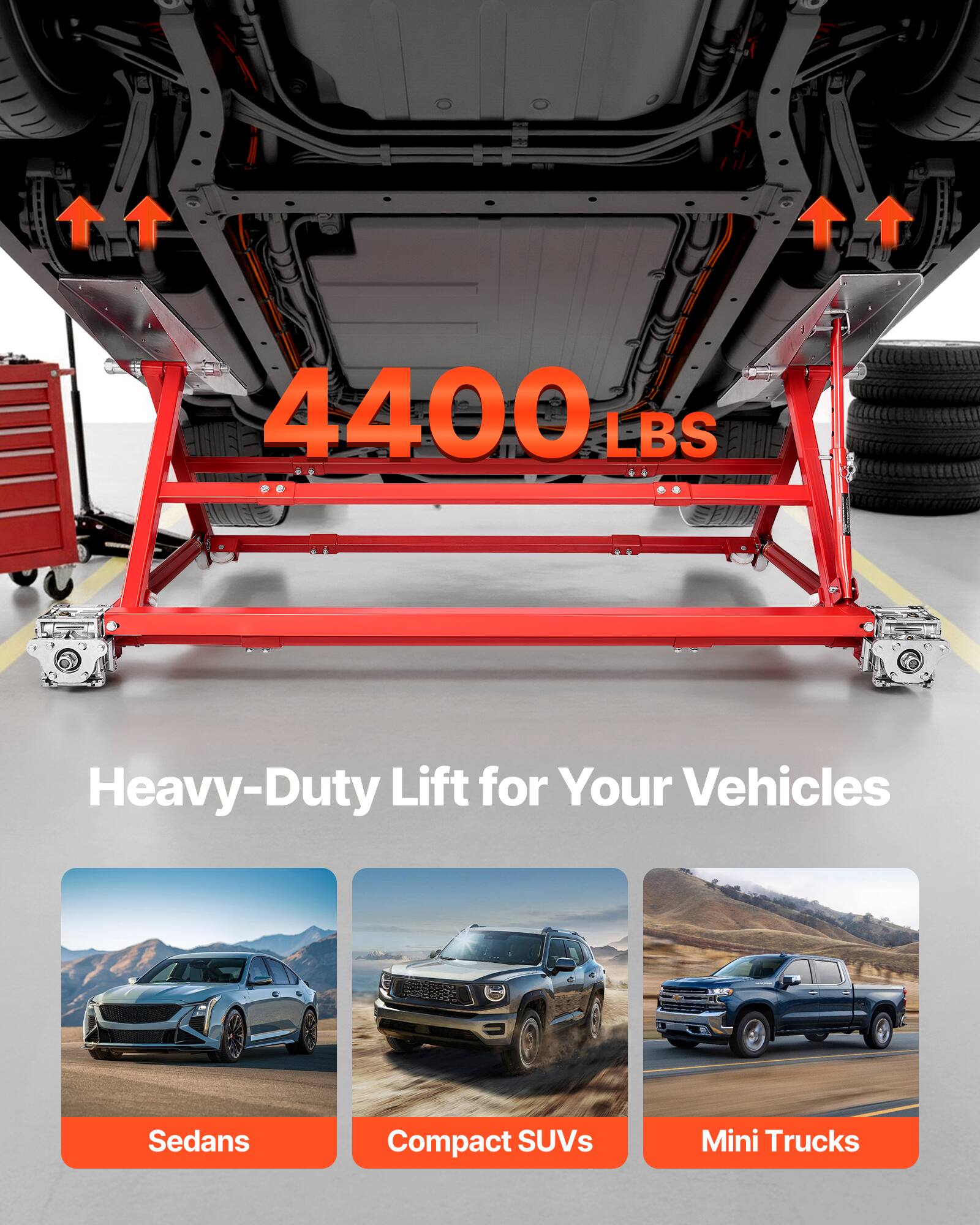 4400 LBS Heavy-Duty Lift for Your Vehicles  
Sedans, Compact SUVs, Mini Trucks