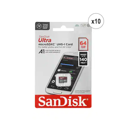 Packaged with 20% Recycled Material
SanDisk Ultra microSDXC UHS-I Card 64 GB
For better photos and Full HD Video
A1 FOR FASTER MOBILE APP PERFORMANCE
SPEED UP TO 140 MB/s*
Compatible with SanDisk MobileMate USB 3.0 microSD Card Reader
FULLHD Video
x10