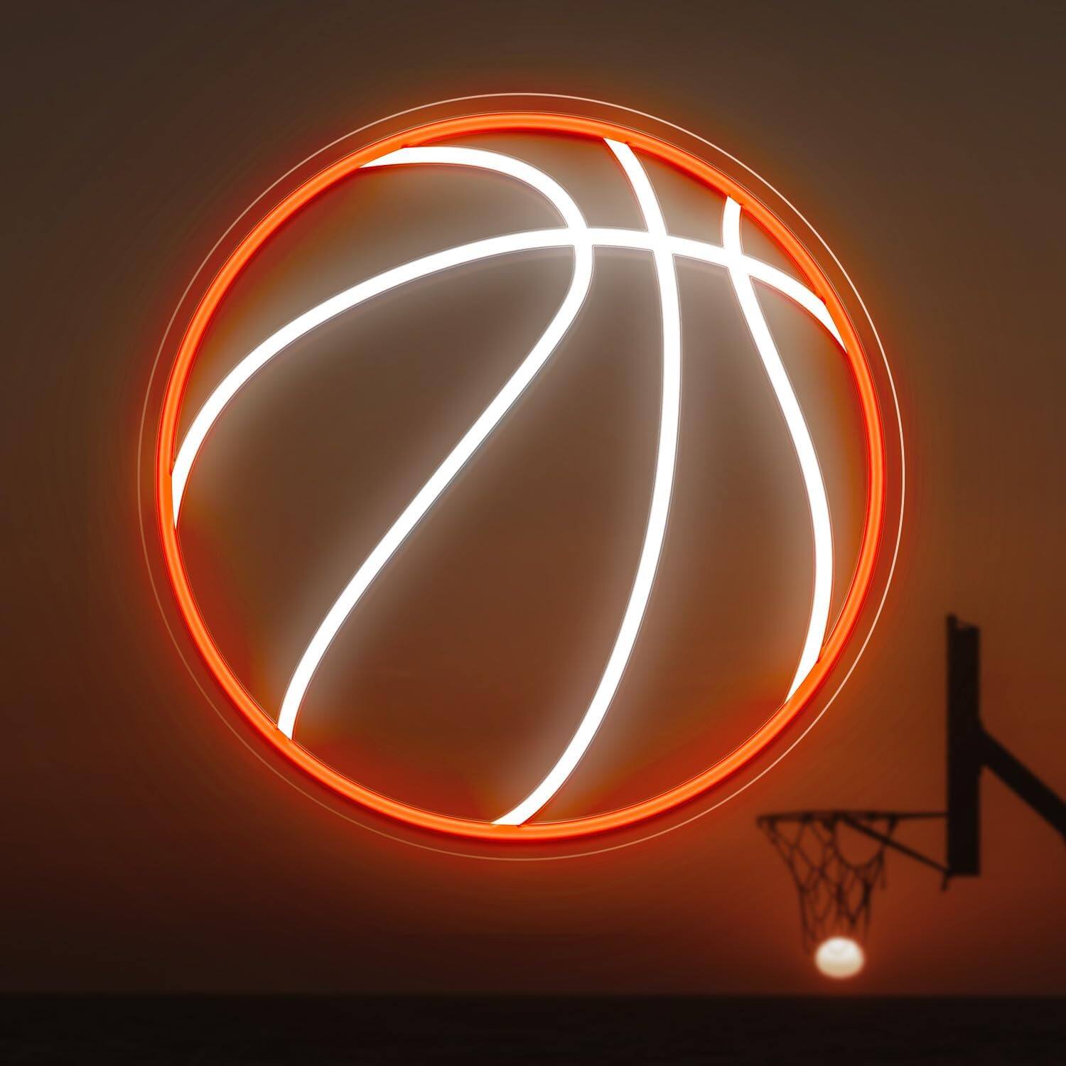 Front. PARKER SLATER - Basketball Neon Sign – Dimmable LED Wall Light, USB Powered Decor - orange and white.