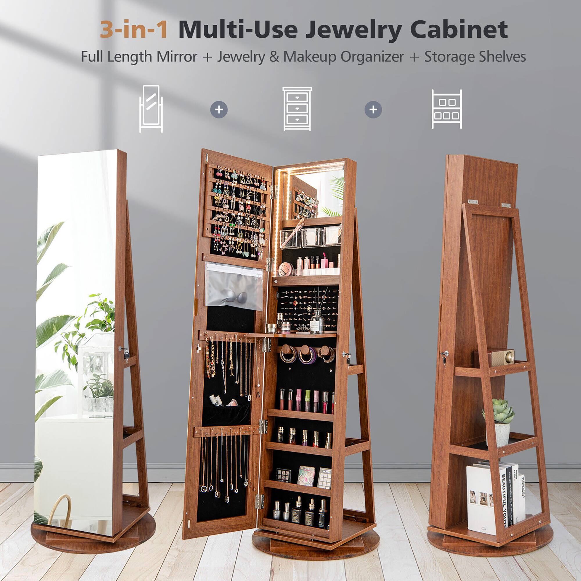 3-in-1 Multi-Use Jewelry Cabinet  
Full Length Mirror + Jewelry & Makeup Organizer + Storage Shelves