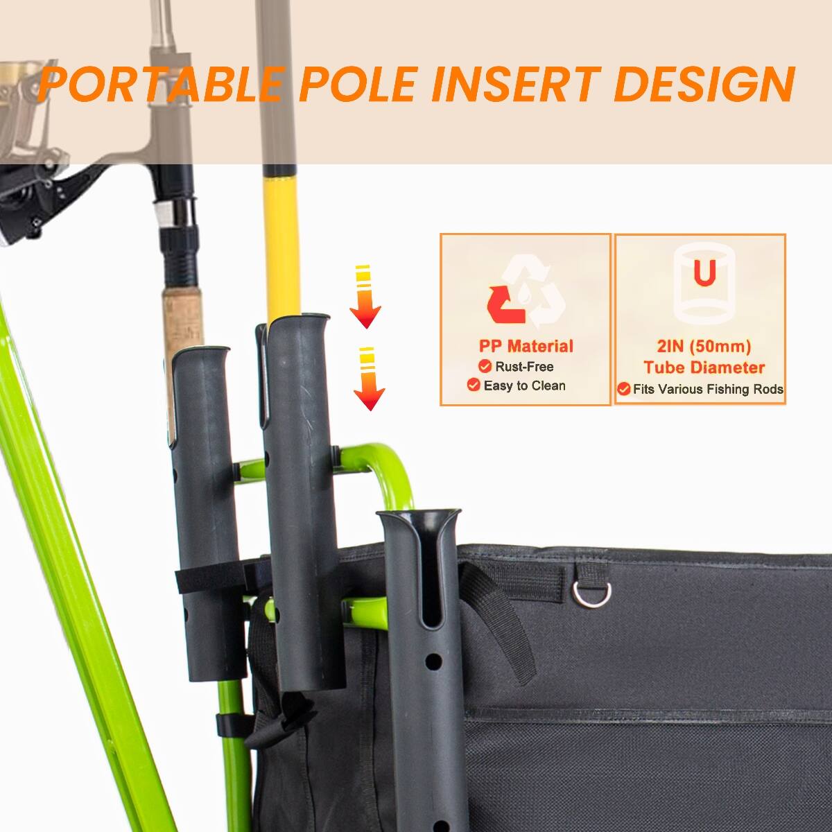 PORTABLE POLE INSERT DESIGN

- PP Material
  - Rust-Free
  - Easy to Clean

- 2IN (50mm) Tube Diameter
  - Fits Various Fishing Rods