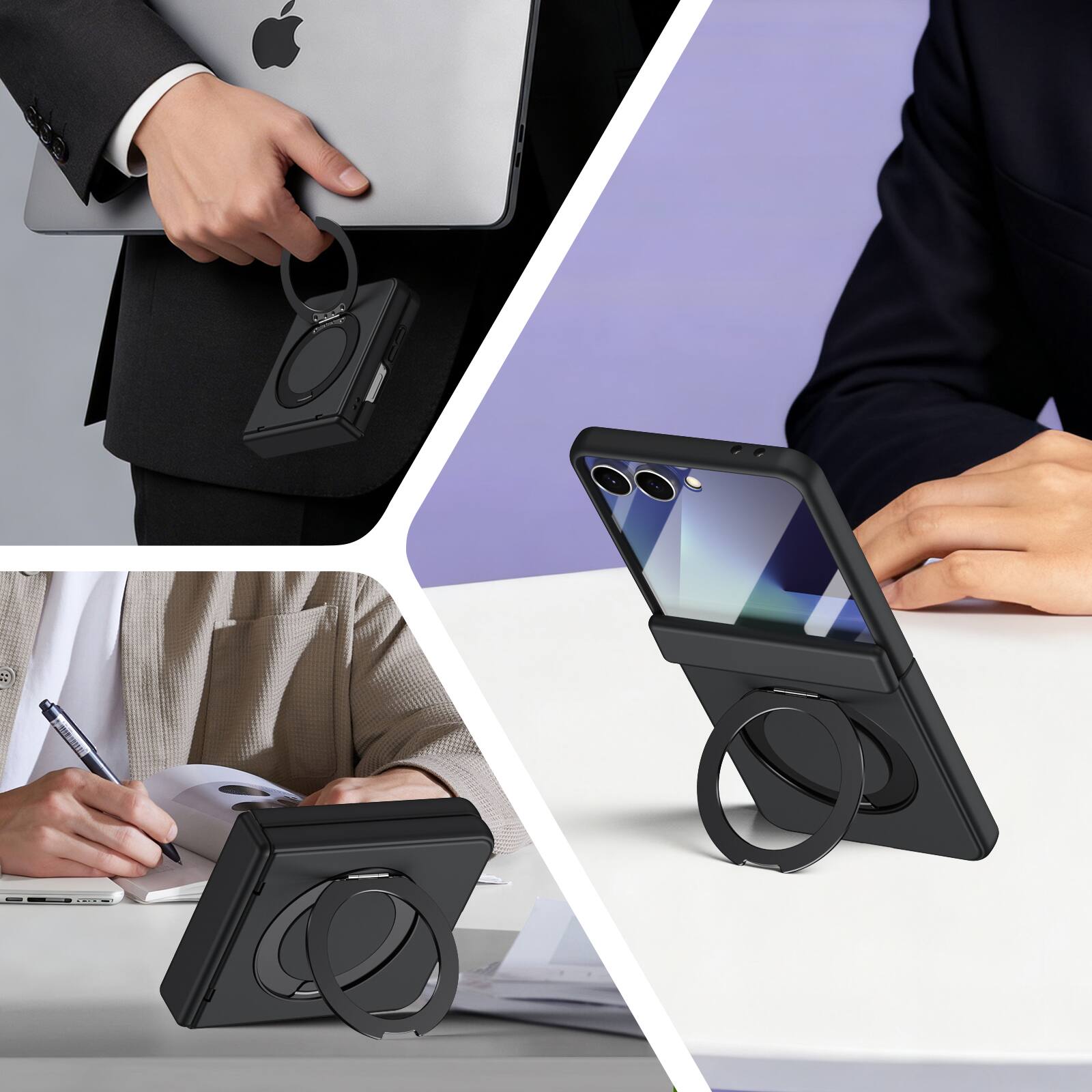 Angle. Dteck - For Samsung Galaxy Z Flip 7 Rugged Case With Screen Protector, Shockproof Magnetic Ring Stand Hinge Protection Cover - Black.