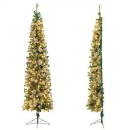 Costway - 7ft Pre-lit PVC Artificial & Pine Needles Half Christmas Tree w/ 150 Lights - Green