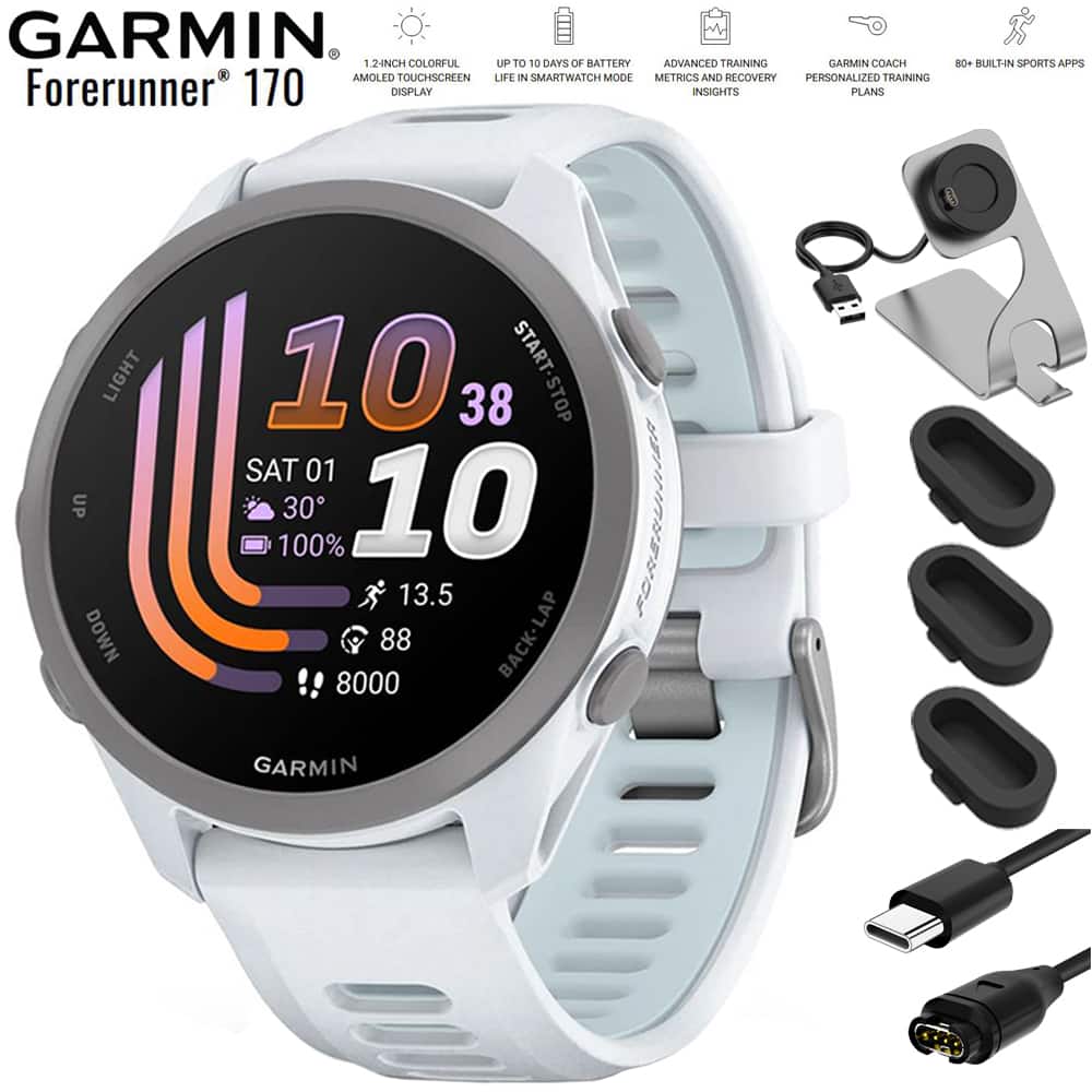 Garmin - Forerunner 170 GPS Smartwatch 43 mm Fiber-Reinforced polymer + Charging Dock & Extra Cable Bundle - Whitestone/Cloud Blue - (2026) price history on PriceWatchPro