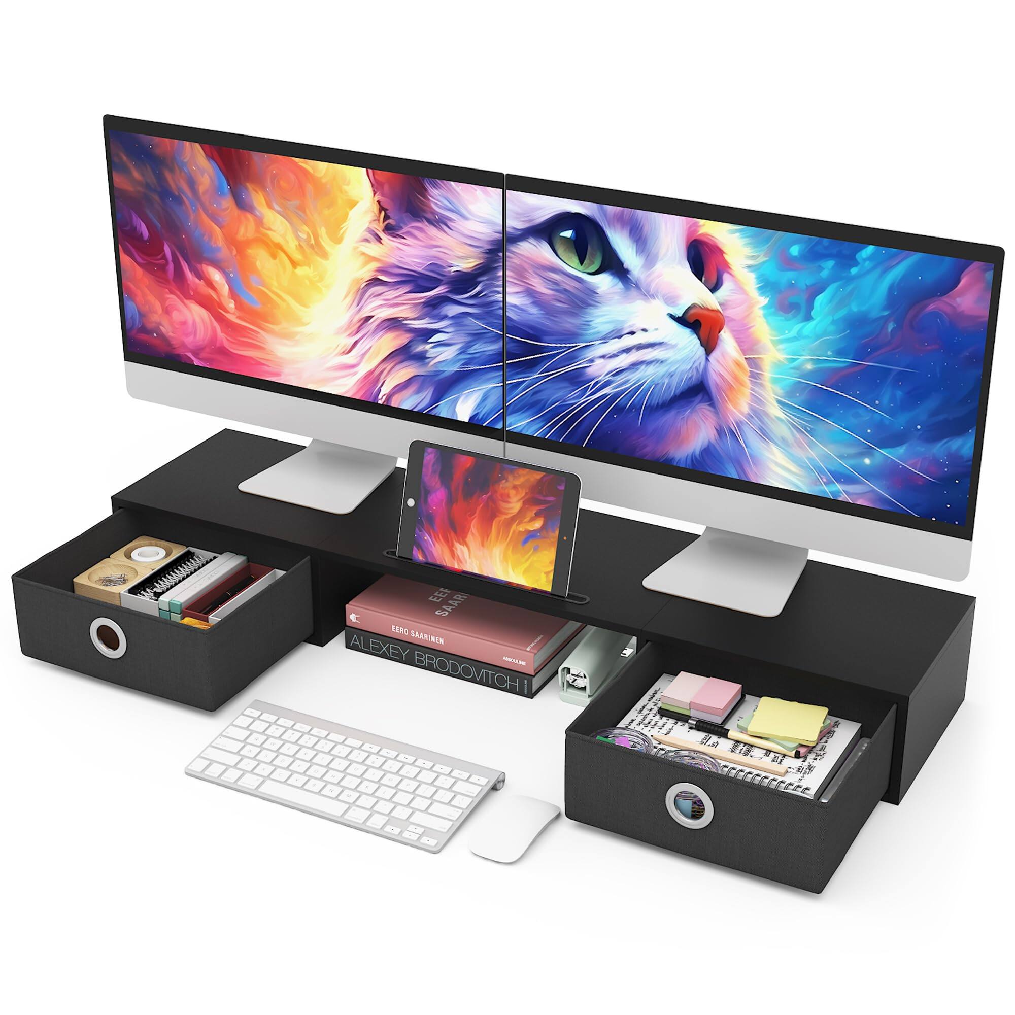 Hanke - Dual Monitor Stand Riser With Two Drawers Storage For 2 Monitors Desktop Oraganizer Computer Laptop Screen - Black