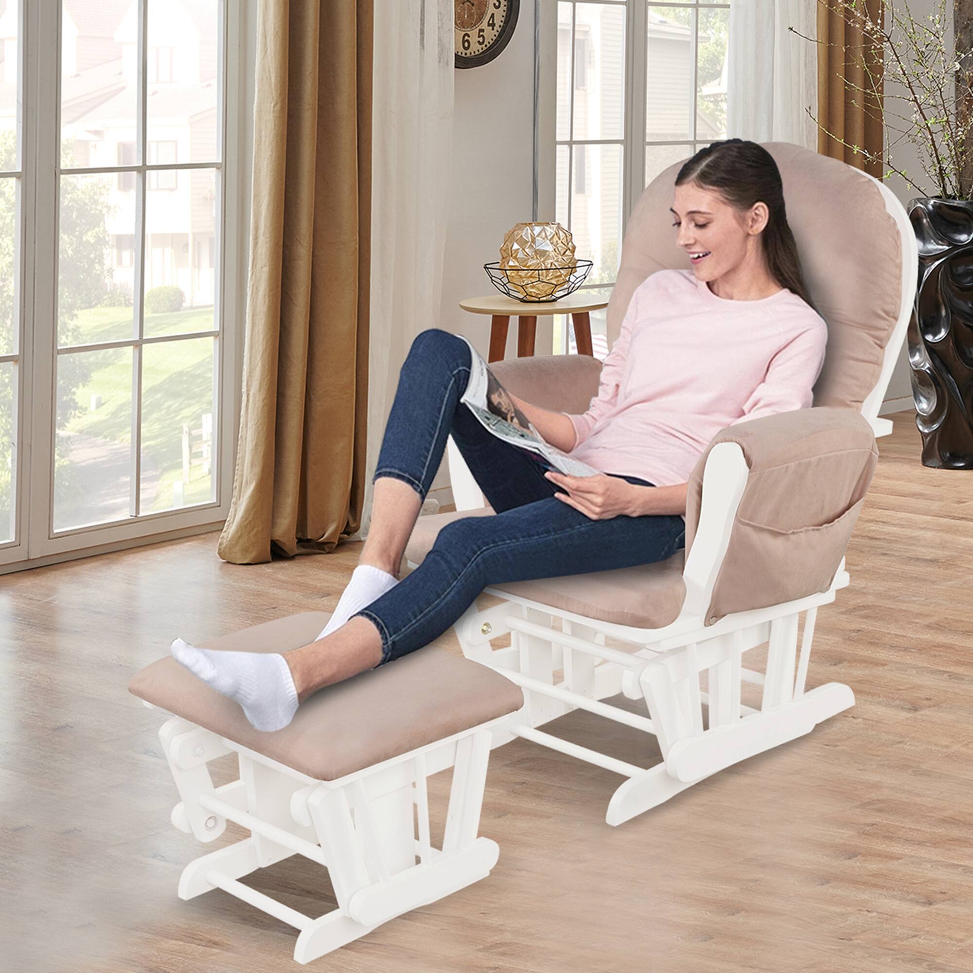 Angle. Costway - Glider and Ottoman Cushion Set Wood Nursery Rocking Chair - Pink.