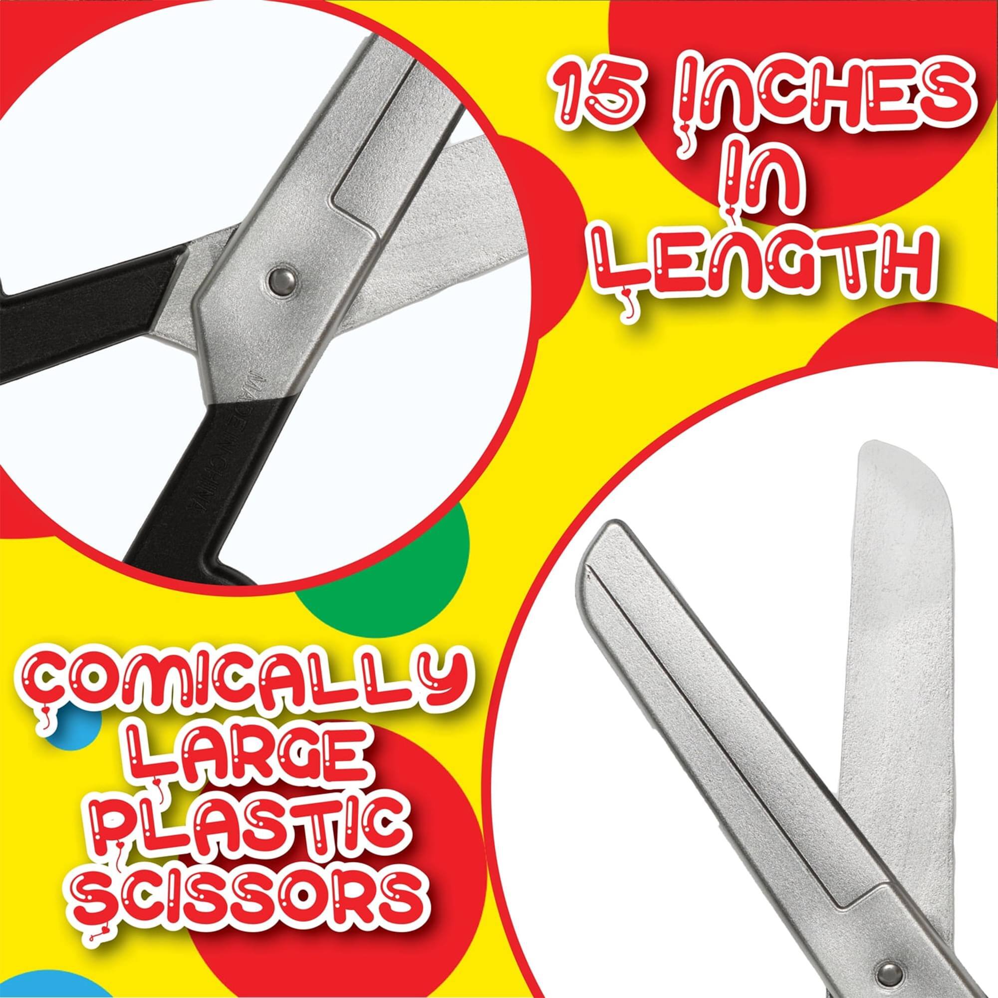 15 inches in length  
Comically large plastic scissors