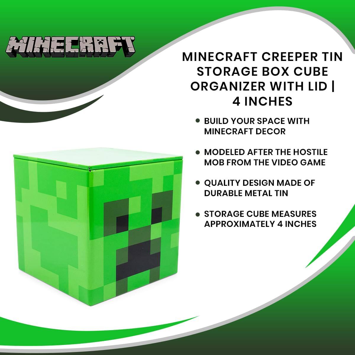 Minecraft Creeper Tin Storage Box Cube Organizer with Lid | 4 Inches

- Build your space with Minecraft decor
- Modeled after the hostile mob from the video game
- Quality design made of durable metal tin
- Storage cube measures approximately 4 inches