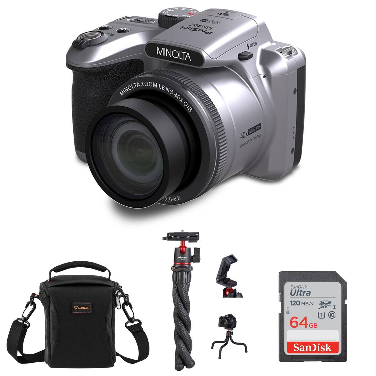 ON FULL ProShot MINOLTA CHOCIAZOONLENG 40x OIS  
OPEN 40x 40X WEEOS  
f:3.0-6.8  
ulanzi  
SUNGER  
SanDisk Ultra 120 MB/S  
XC I 10 64GB