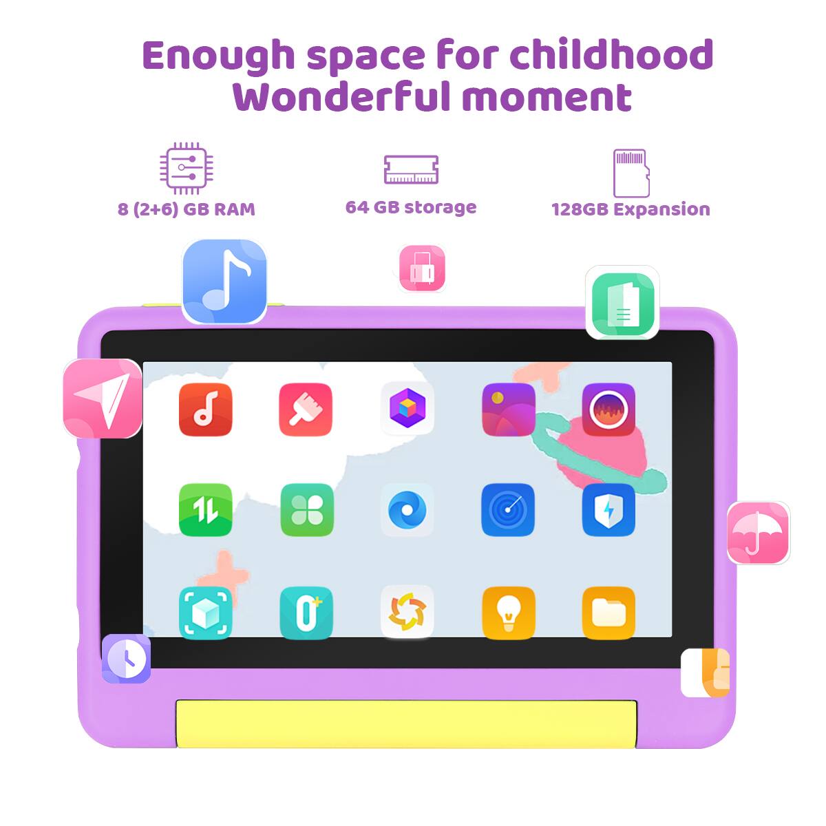 Enough space for childhood Wonderful moment

8 (2+6) GB RAM
64 GB storage
128GB Expansion