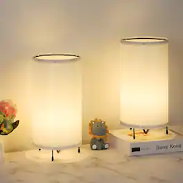Oumilen - Set of 2 White Cylinder Fabric Table Lamps, 9.85in Tall, E26 Socket, Bulbs Not Included