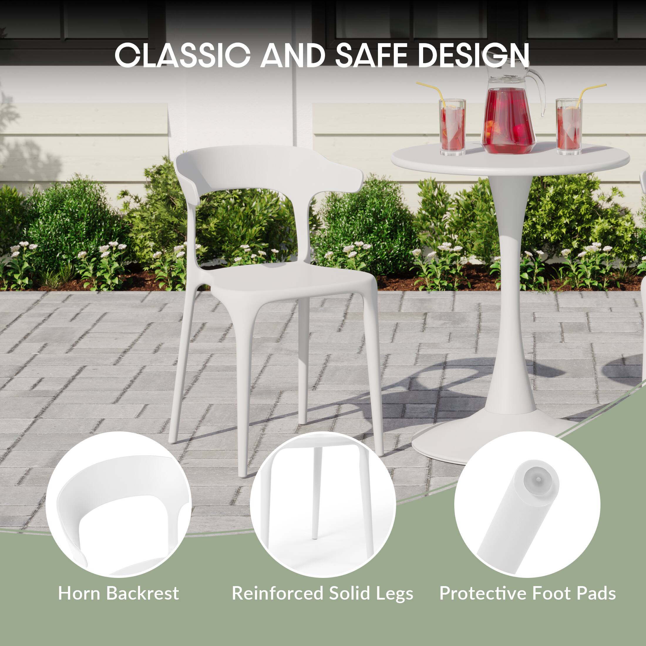 CLASSIC AND SAFE DESIGN

- Horn Backrest
- Reinforced Solid Legs
- Protective Foot Pads