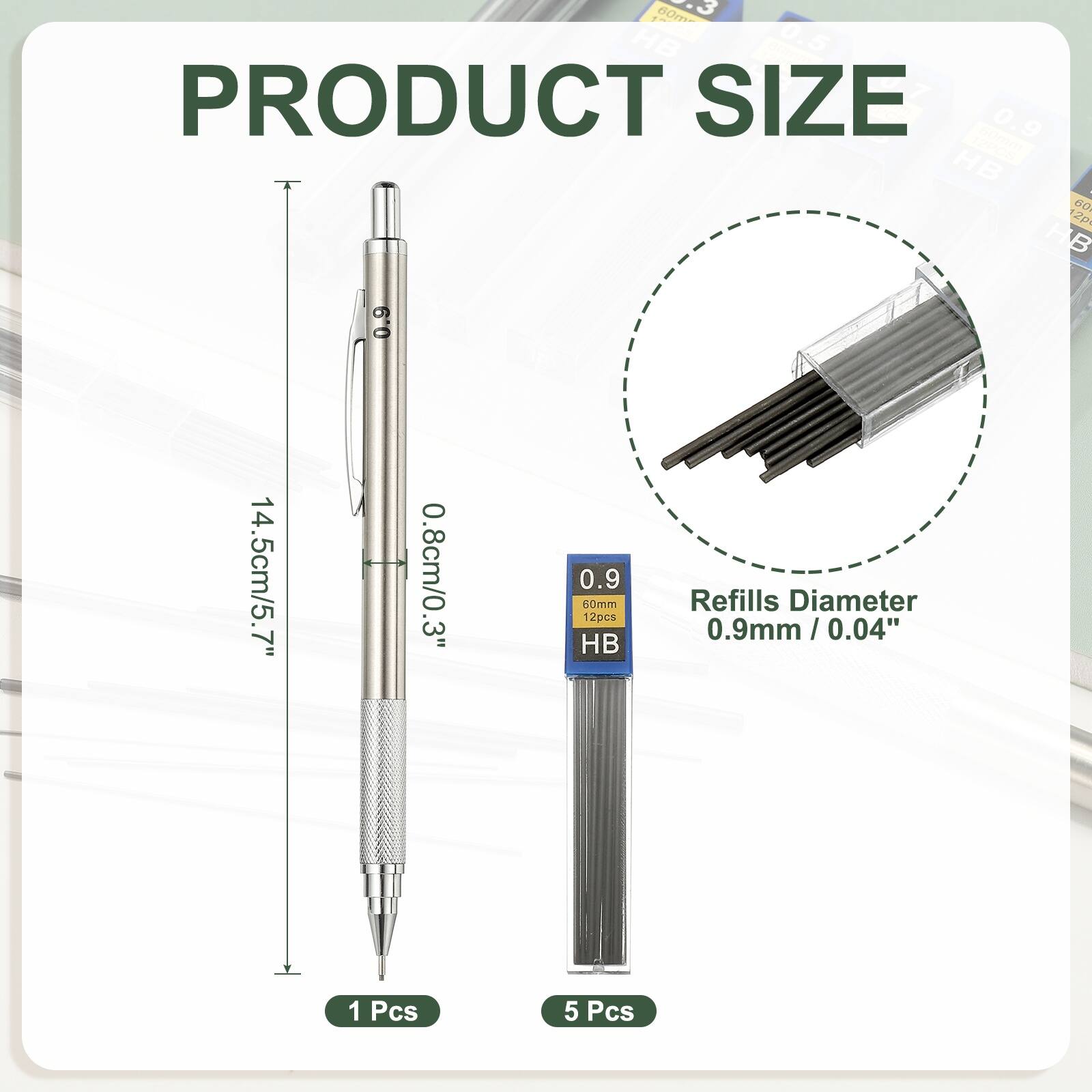 B0m HB 0.5 5 PRODUCT SIZE 0.9 e HB - 60 2 HB 0.9 14.5cm/5.7" 0.8cm/0.3" 0.9 60mm 12pcs HB Refills Diameter 0.9mm / 0.04" 1 Pcs 5 Pcs
