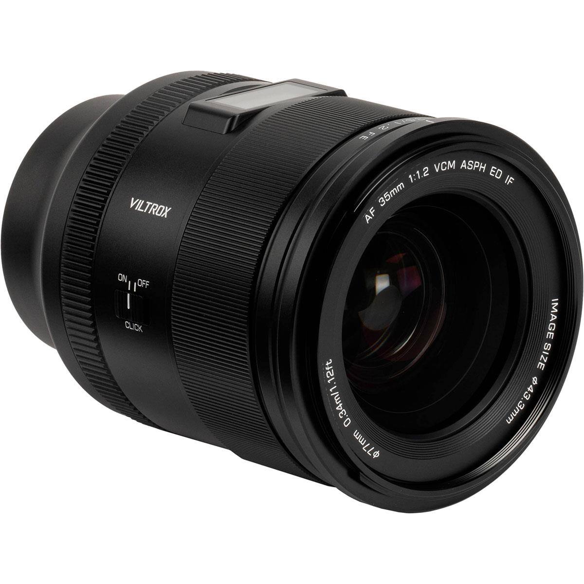 VILTROX VCM ASPH ED 1:1.2 IF 35mm AF ON/OFF CLICK 12ft 0.34m/1 77mm IMAGE SIZE 43.3mm