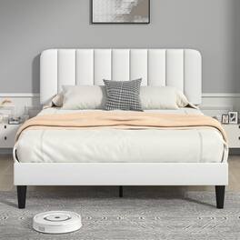 Vecelo - Full Bed Frame w/ Padded Headboard & Platform, Reinforced Wood Slats - No Box Spring, Velvet Dark Blue - Easy Assembly - White