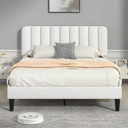 Front. Vecelo - Full Bed Frame w/ Padded Headboard & Platform, Reinforced Wood Slats - No Box Spring, Velvet Dark Blue - Easy Assembly - White.