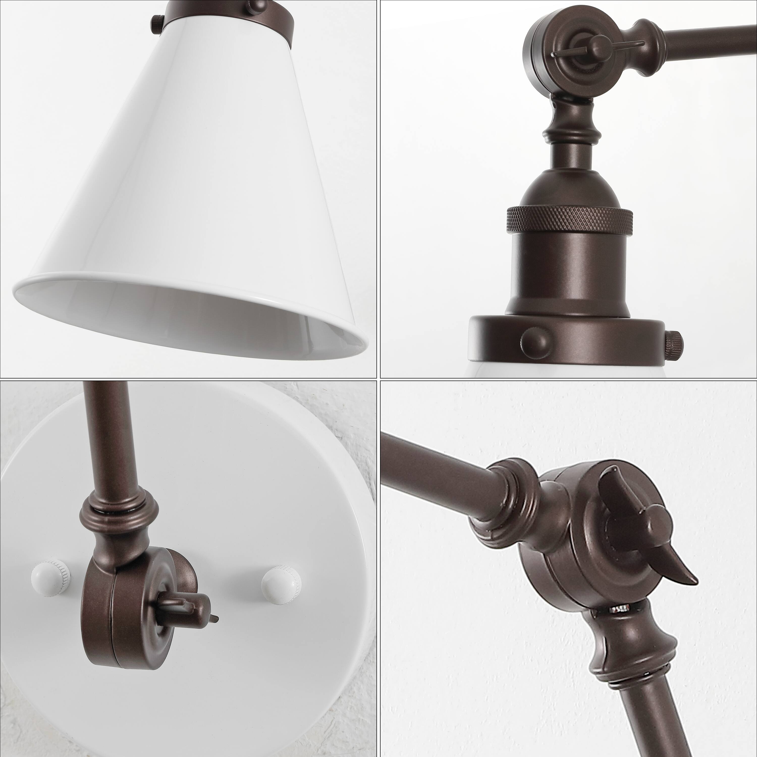 Alt View 5. Jonathan Y - Rover 7" Classic Industrial Metal Adjustable Arm LED Wall Sconce, White/Oil Rubbed Bronze - White/Oil Rubbed Bronze.