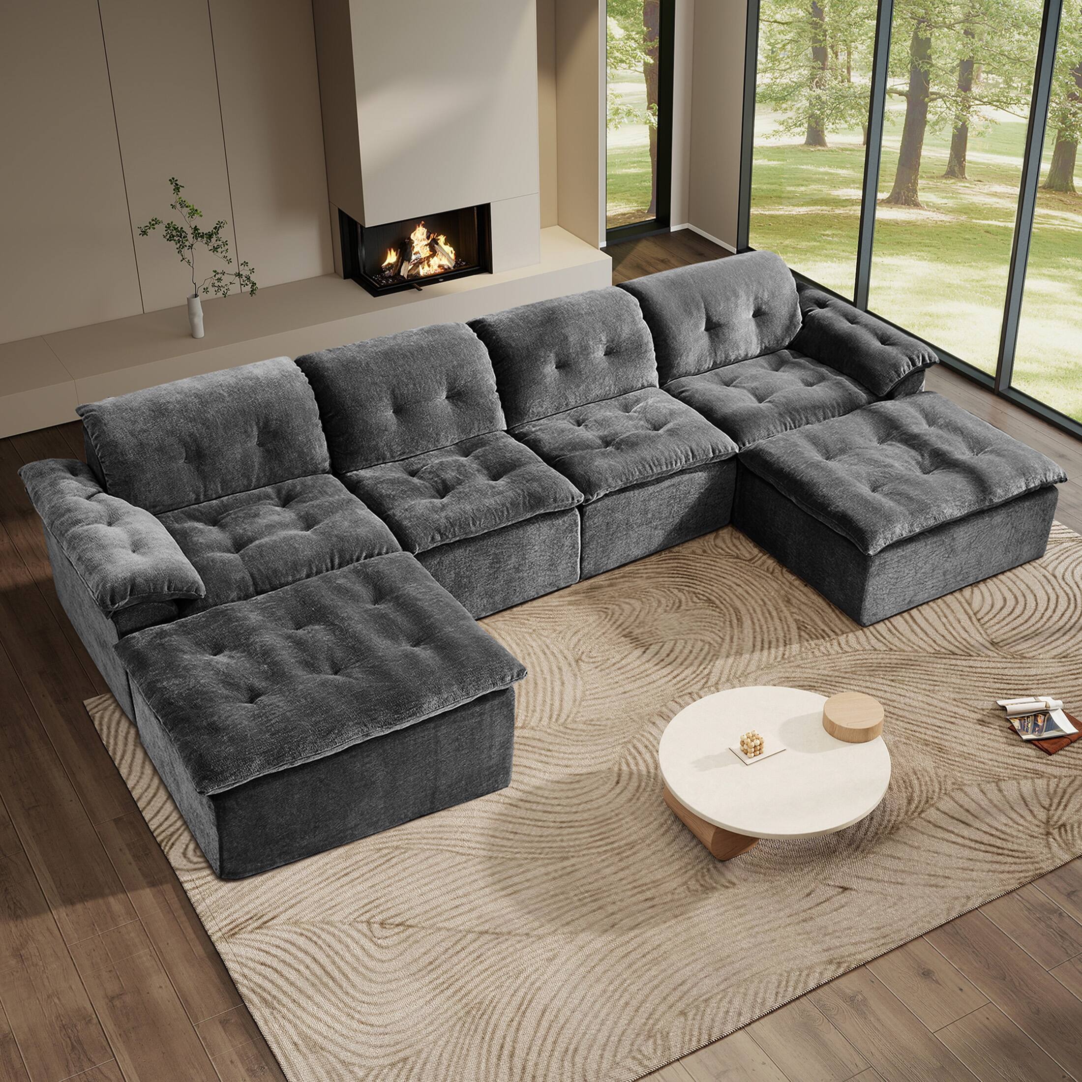 Angle. Anysun - Anysun 4-Seater Chenille Upholstery Modular Convertible Design Generous Seating Cushioned Sofa with 2 Versatile Ottomans - Dark Gray.