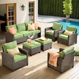 Ovios - 7 PCS Patio Furniture, 3 Seat Wicker Sofa with Comfy Armchairs and Ottomans for Garden - Green