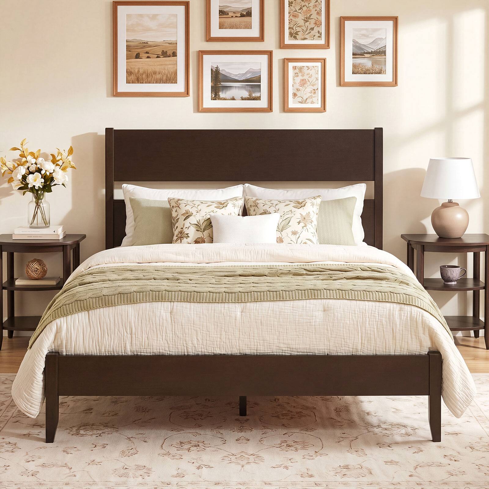 Alt View 5. Costway - Costway Full Bed Frame with Headboard, Solid Wood Legs, 12 Slats, No Box Spring Needed - Dark Walnut.