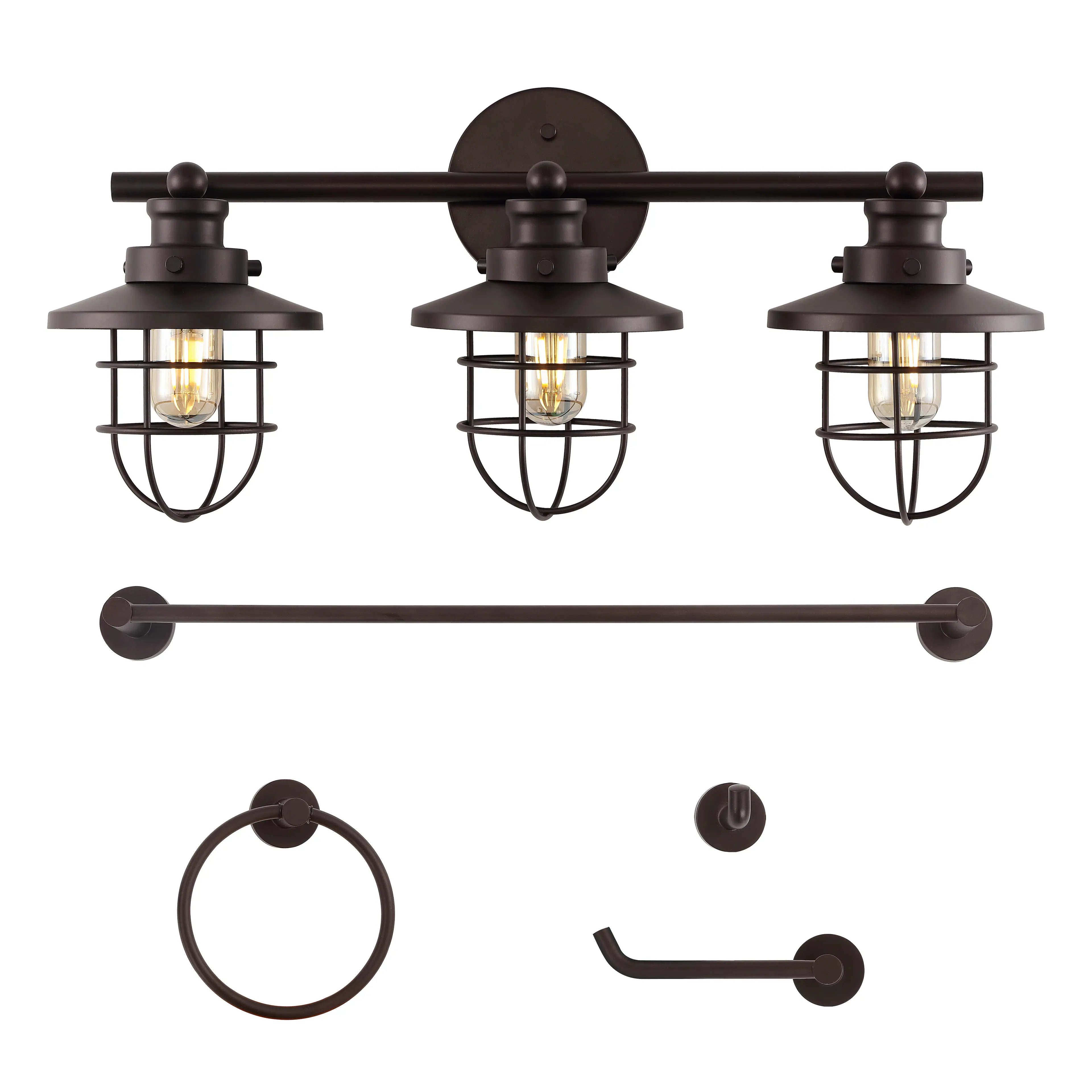 Front. Jonathan Y - Ellis 24" 3-Light Industrial Farmhouse Vanity Light with Bathroom Hardware Accessory Set, Oil Rubbed Bronze (5-Piece) - Oil Rubbed Bronze.