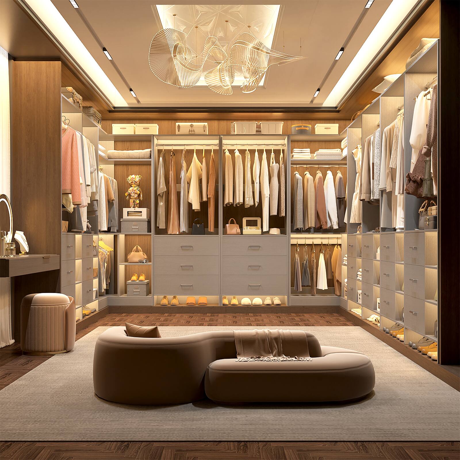 Left. Aheaplus - U-Shaped Closet Organizer System with 6 Drawers, 112.5" Walk-in Wardrobe System with Hanging Rods & Shelves, Set of 4 - Gray.