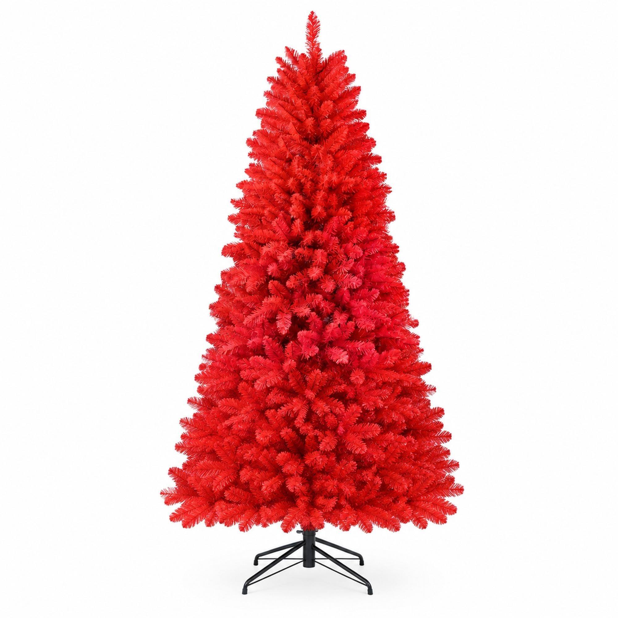 Front. RYHNUYNE - 7 Ft Pure Red Artificial Christmas Tree With 1066 Dense Tips, Hinged Branches Stable Metal Stand Bold Holiday Decor - Red.