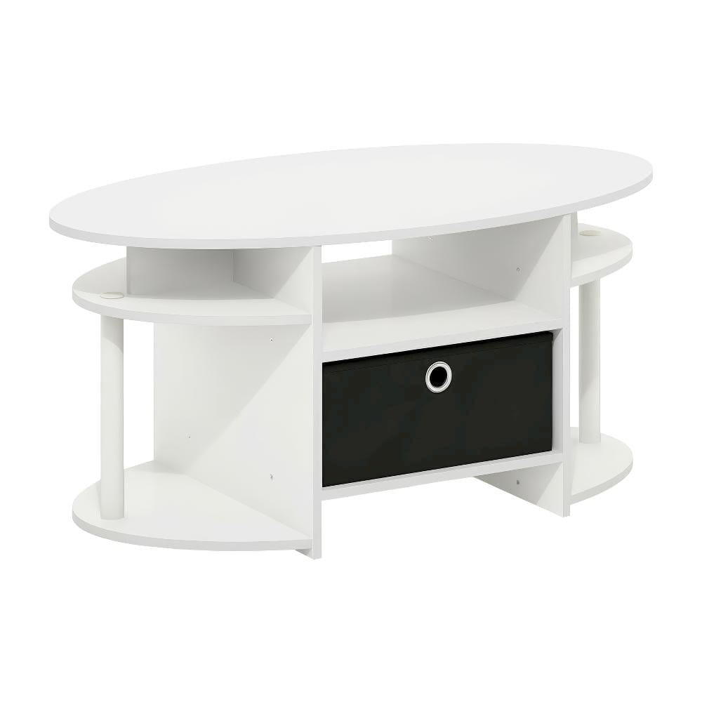 FurniFact - Oval Coffee Table with Storage Bin and Modern Minimalist Design - White