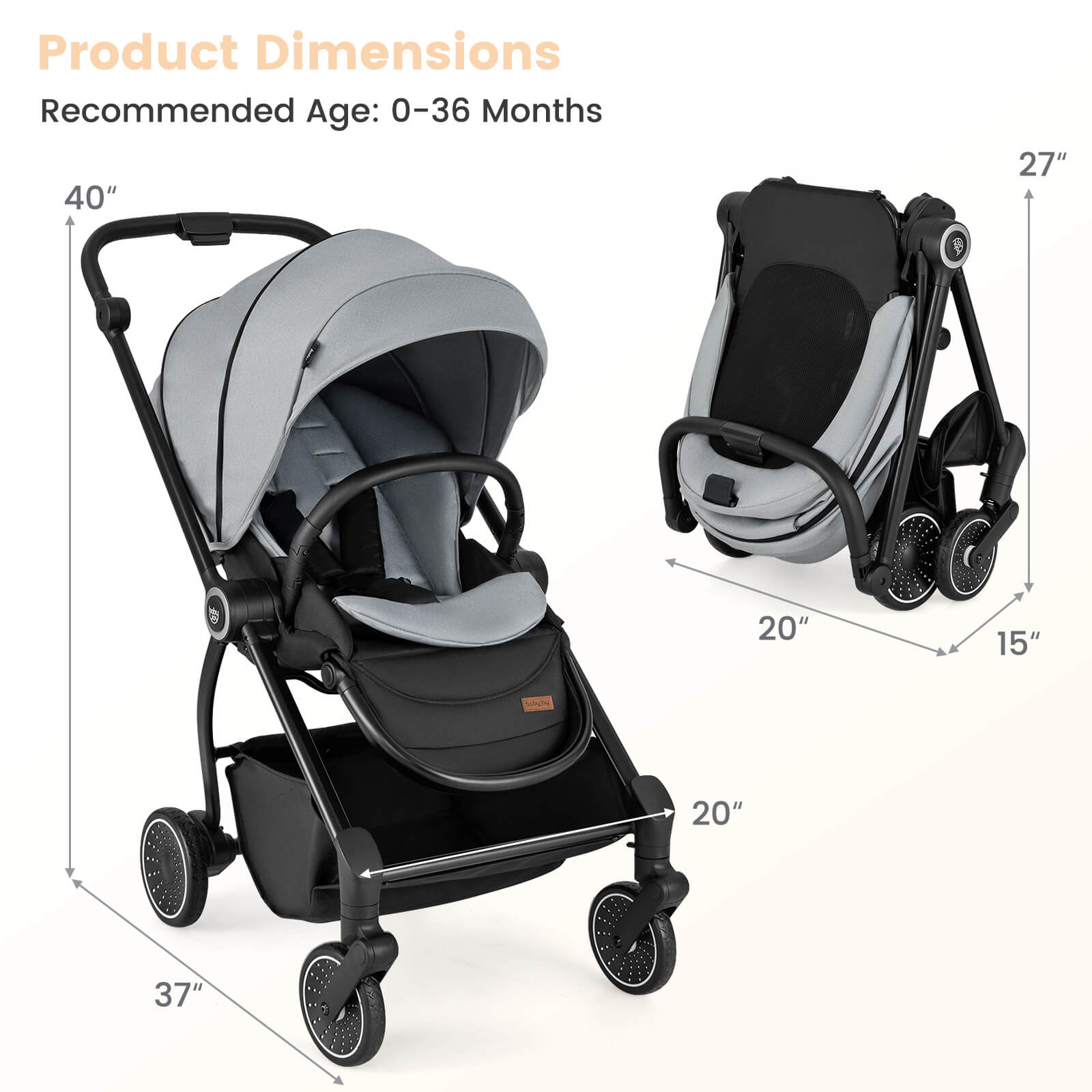 Product Dimensions  
Recommended Age: 0-36 Months  

40"  
27"  
20"  
15"  
20"  
37"