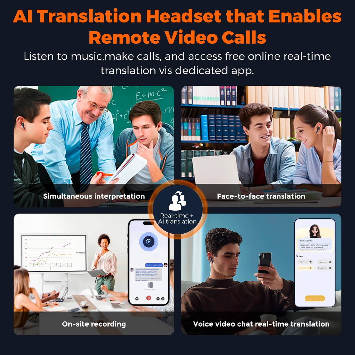 Al Translation Headset that Enables Remote Video Calls Listen to music, make calls, and access free online real-time translation vis dedicated app. Simultaneous interpretation Face-to-face translation Real-time + Al translation On-site recording Voice video chat real-time translation