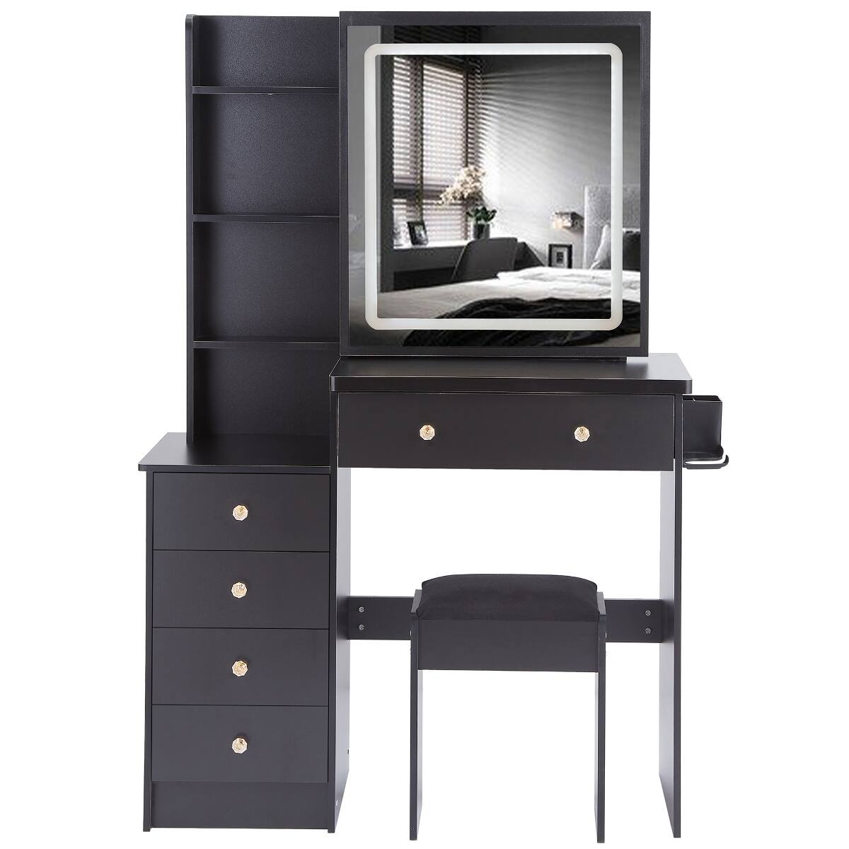 Alt View 9. Loheer - Loheer Makeup Vanity with Sliding Mirror, Black MDF Table with Padded Stool - Black.