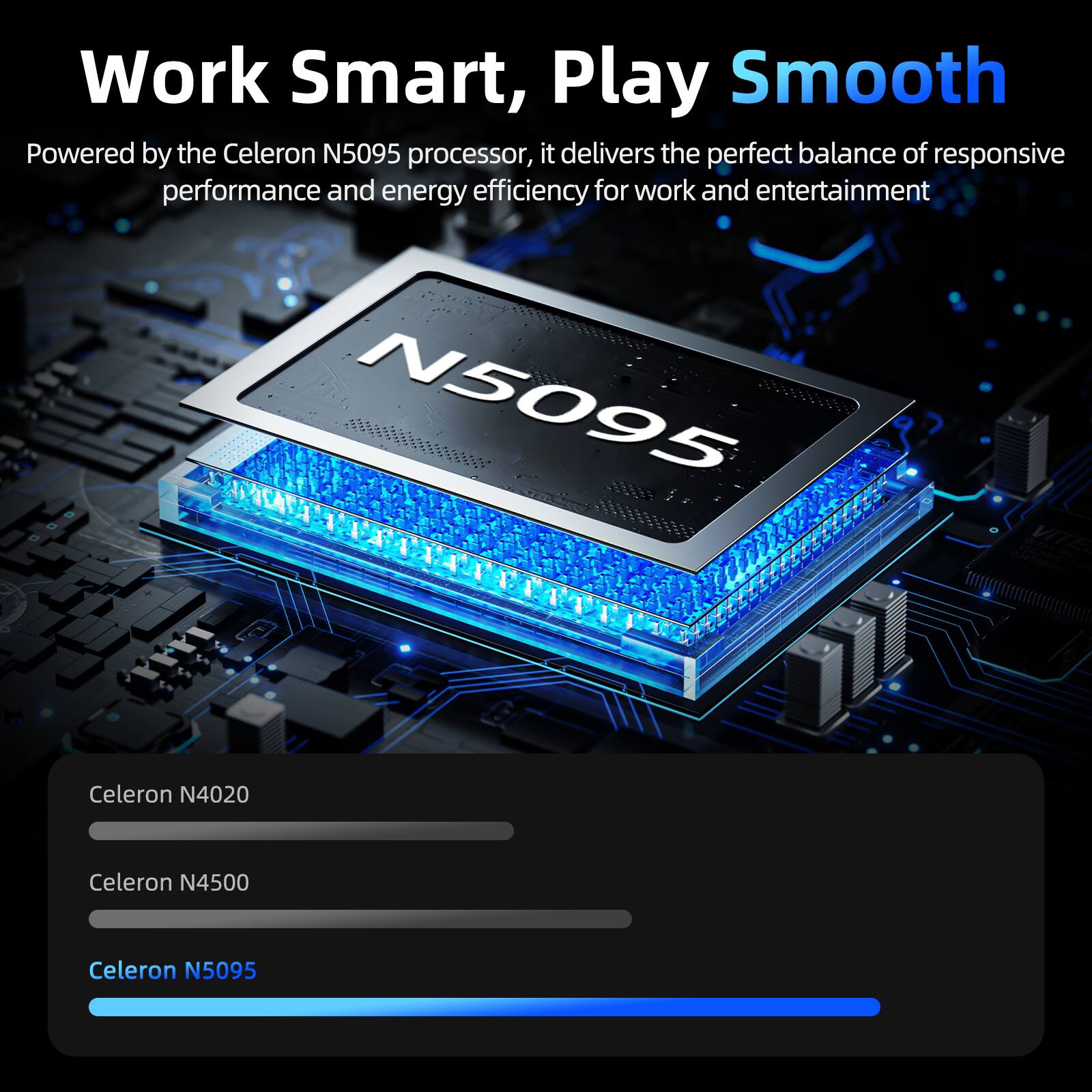 Work Smart, Play Smooth

Powered by the Celeron N5095 processor, it delivers the perfect balance of responsive performance and energy efficiency for work and entertainment

Celeron N4020  
Celeron N4500  
Celeron N5095