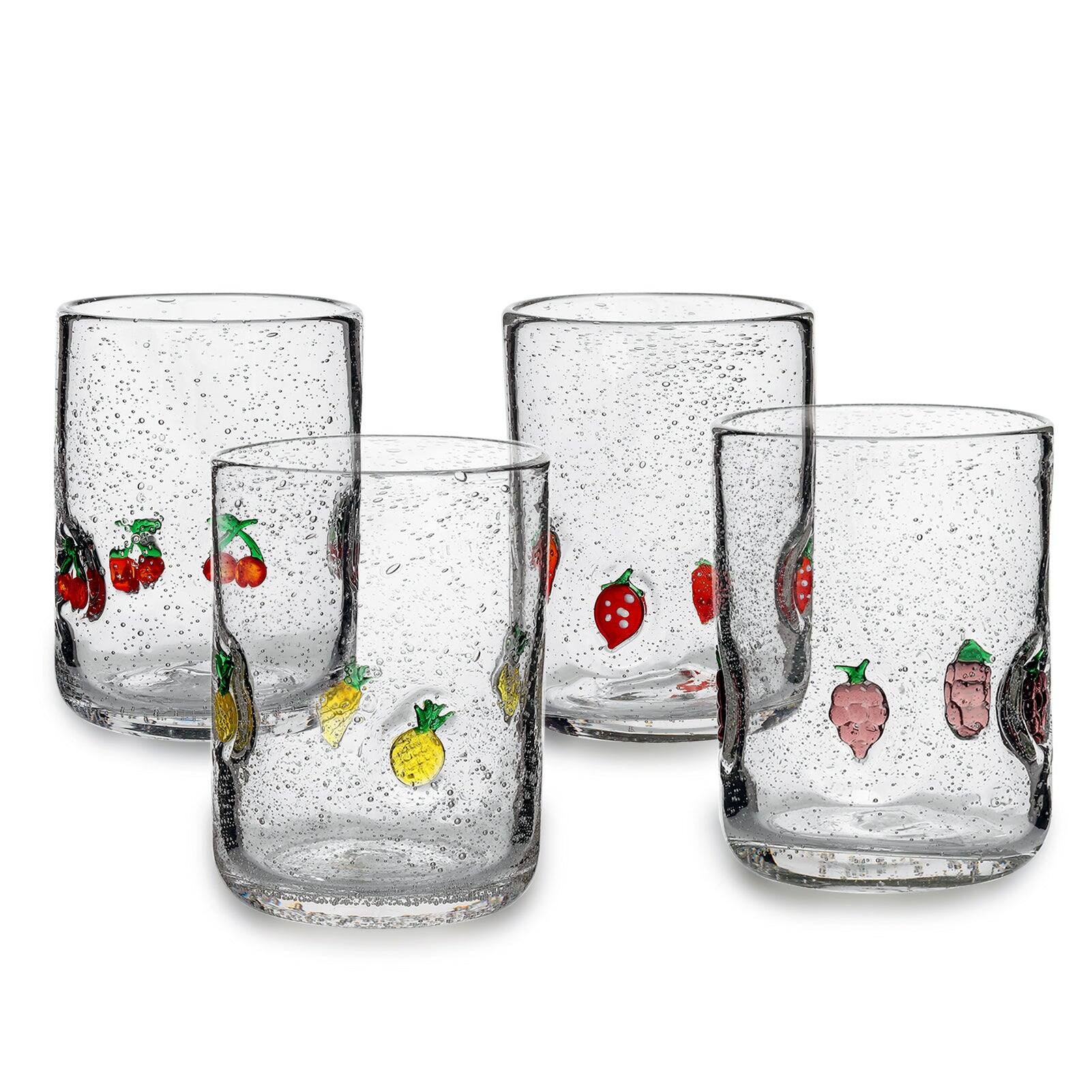 Front. BreeBe - Harvest Bubble Fruit Decal Juice Drinking Glass Mixed set of 4 - Clear with fruits decal.
