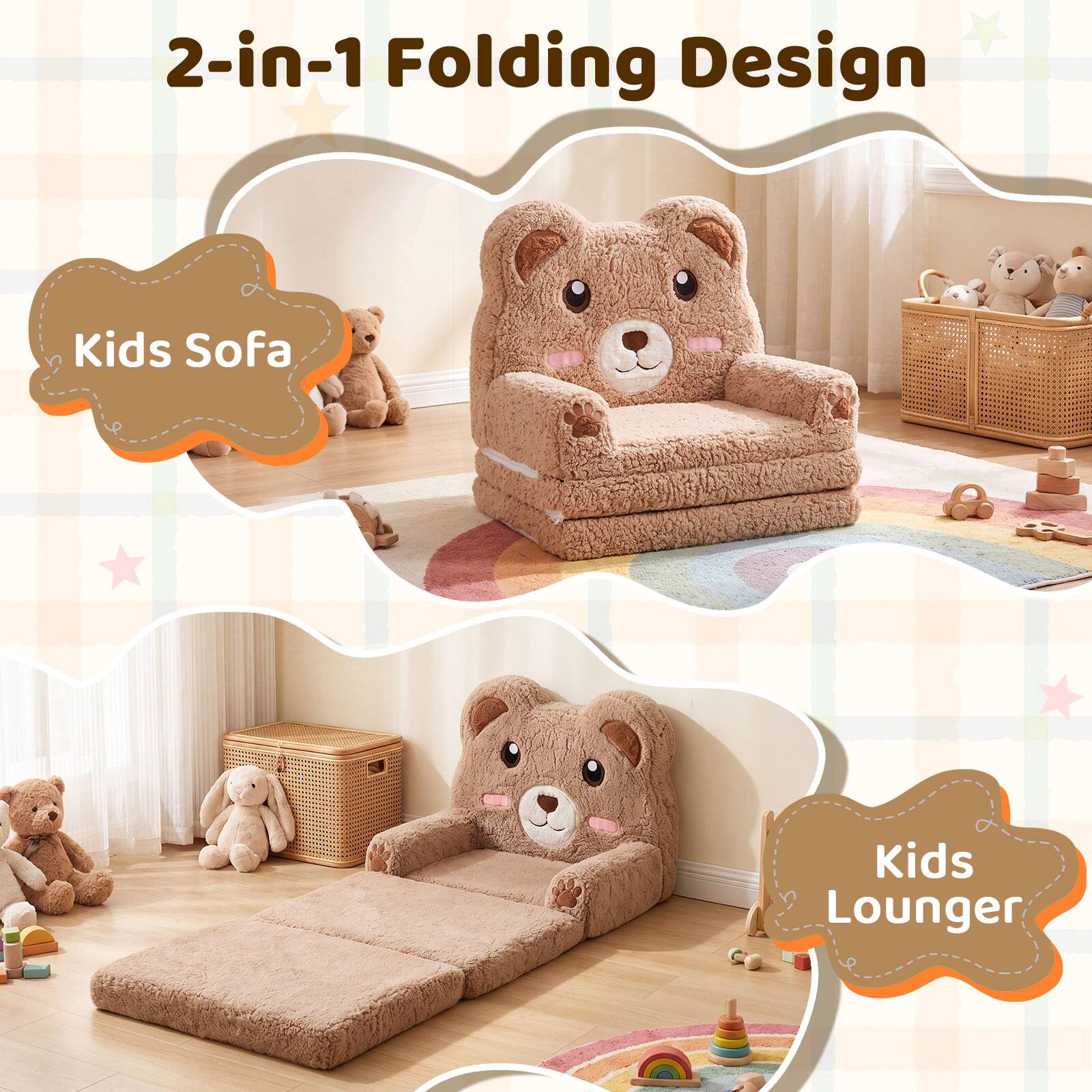 2-in-1 Folding Design  
Kids Sofa  
Kids Lounger