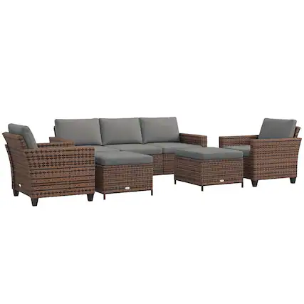 Front. Outsunny - 5 Piece Patio Furniture Set with Cushions, Outdoor Conversation Set with Rattan 3-Seater Sofa, Chairs & Footstools - Mixed-brown.