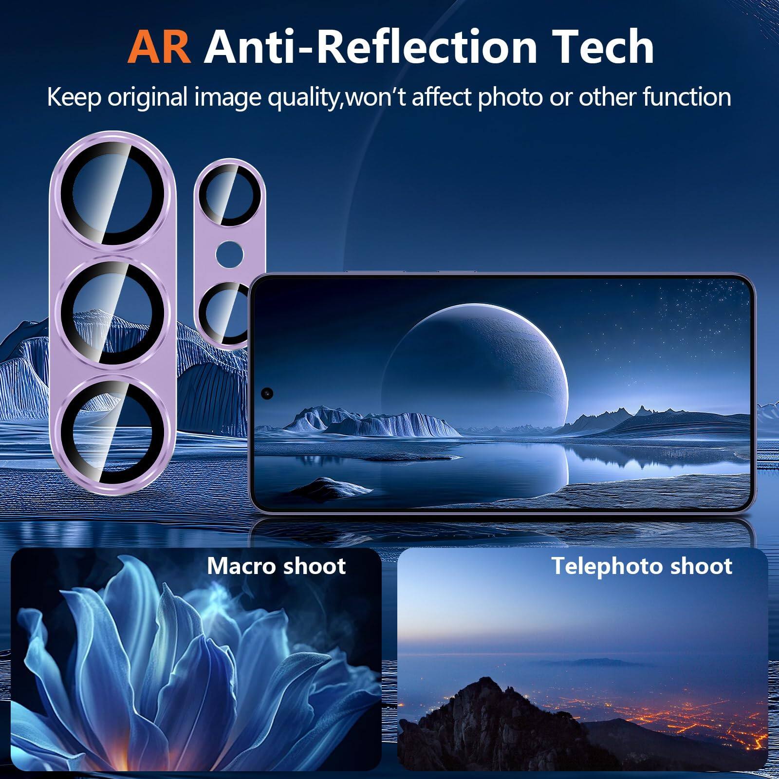 AR Anti-Reflection Tech  
Keep original image quality, won't affect photo or other function  

Macro shoot  
Telephoto shoot