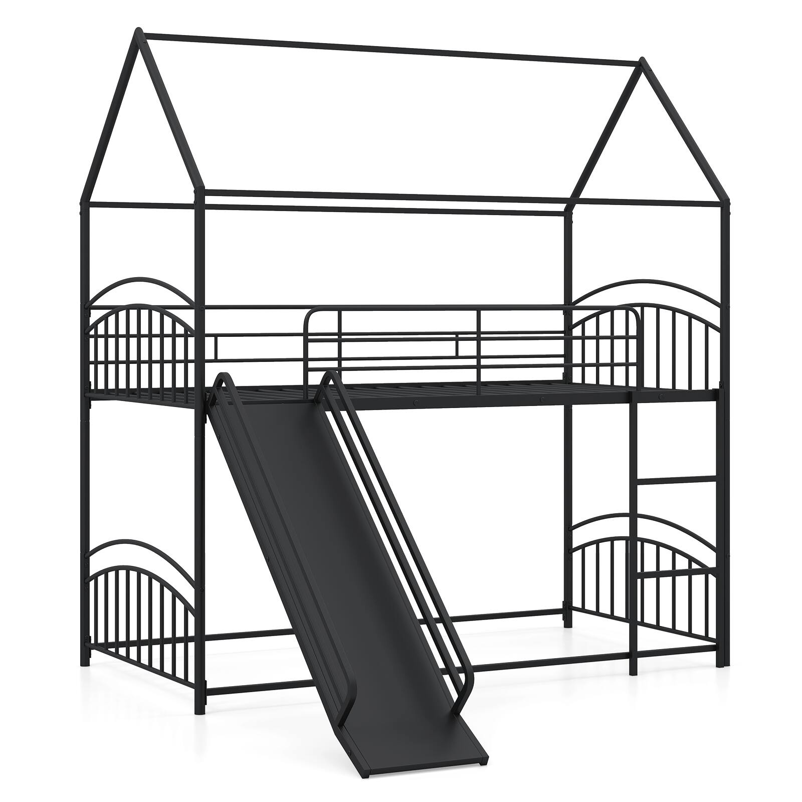 Alt View 9. Gymax - Gymax House Bunk Bed Frame w/ Metal Slats Reversible Ladder & Slide for Bedroom Black - Black.