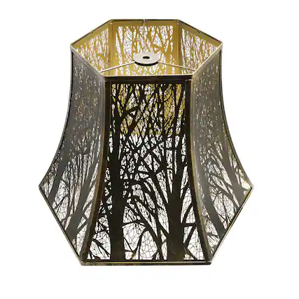 Front. Alucset - Metal Square Cut Corner Large Bell Lamp Shade Replacement for Table Floor Lamps - Etched Tree Design Antique Bronze Gold - Antique Bronze & Gold.