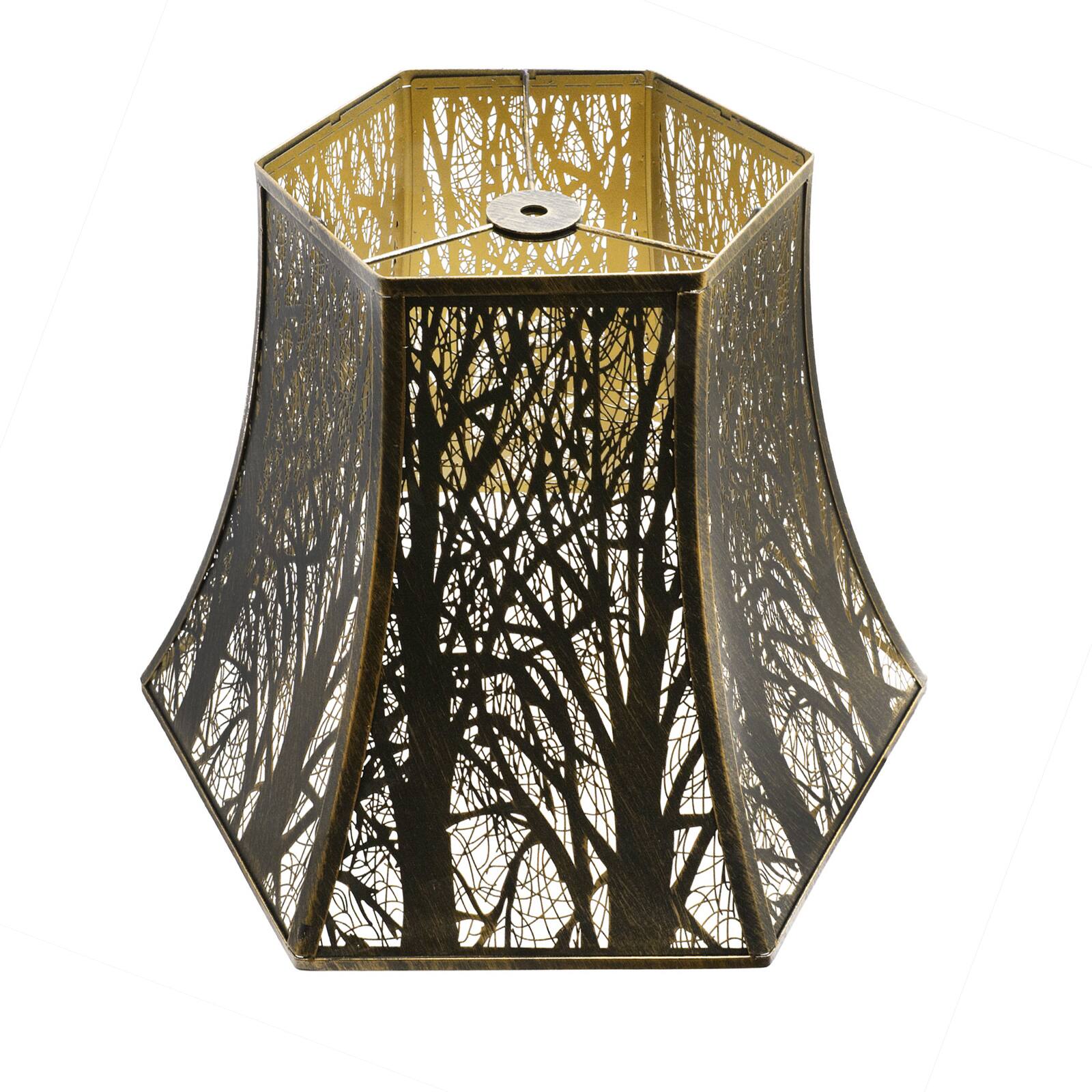 Front. Alucset - Metal Square Cut Corner Large Bell Lamp Shade Replacement for Table Floor Lamps - Etched Tree Design Antique Bronze Gold - Antique Bronze & Gold.