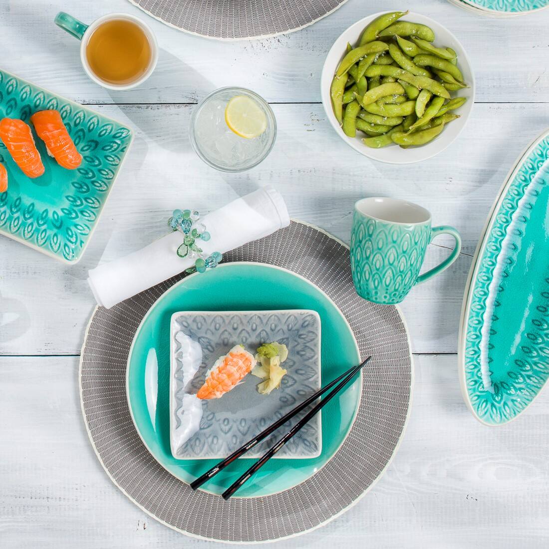 Back. Euro Ceramica Home - Peacock 4-Piece Stoneware Square Appetizer Plates Set -- Grey - Grey.